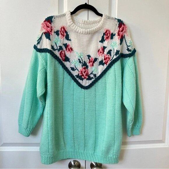 Vintage Handmade Knit Rose Floral Turquoise Granny Cottagecore Sweater - Picture 3 of 4